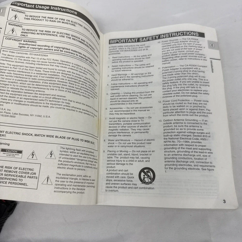 Canon ES190/ES29. 8mm Video Camcorder Instruction Manual, English French Spanish